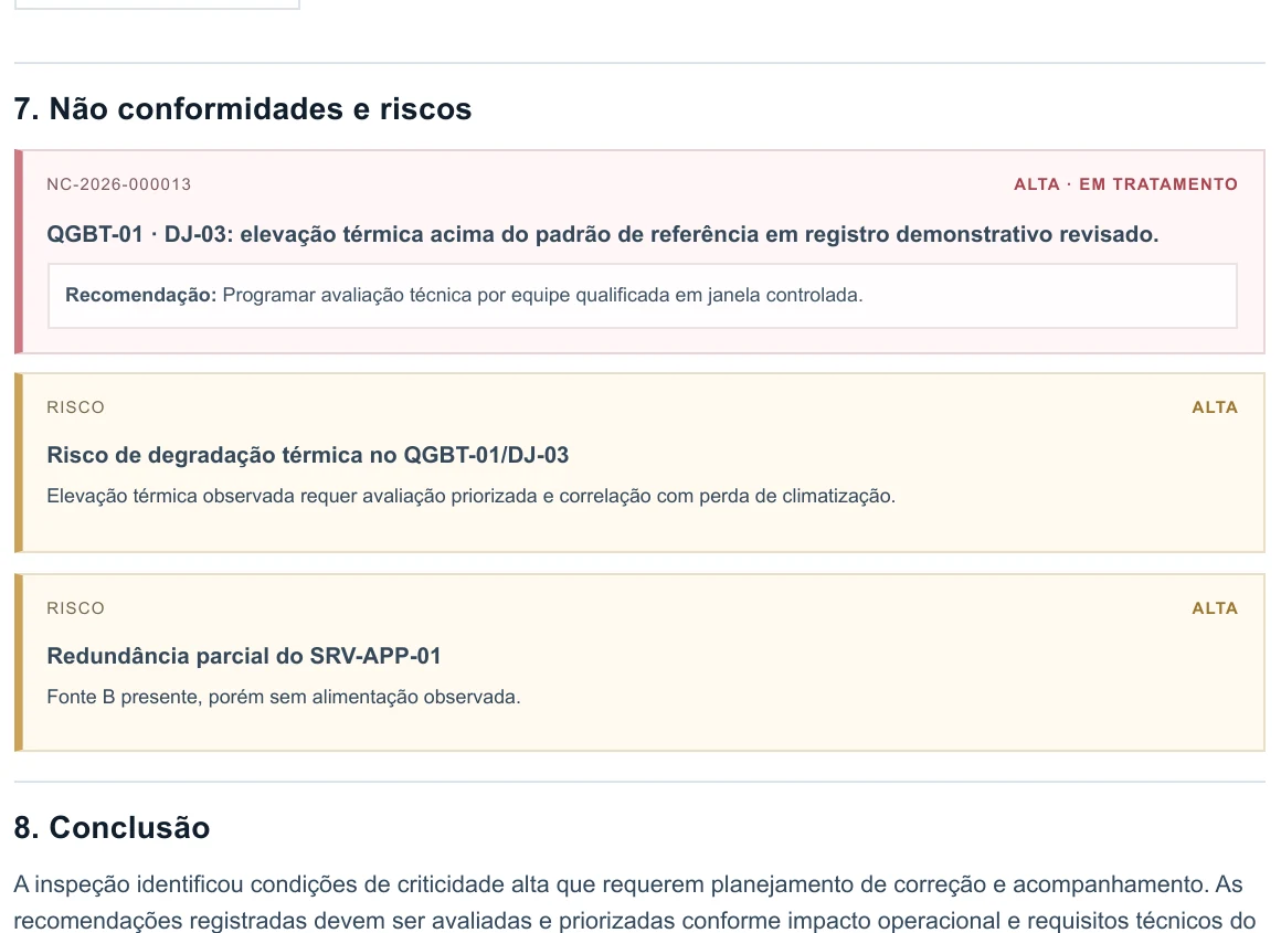 Página de não conformidades, riscos e plano de ação