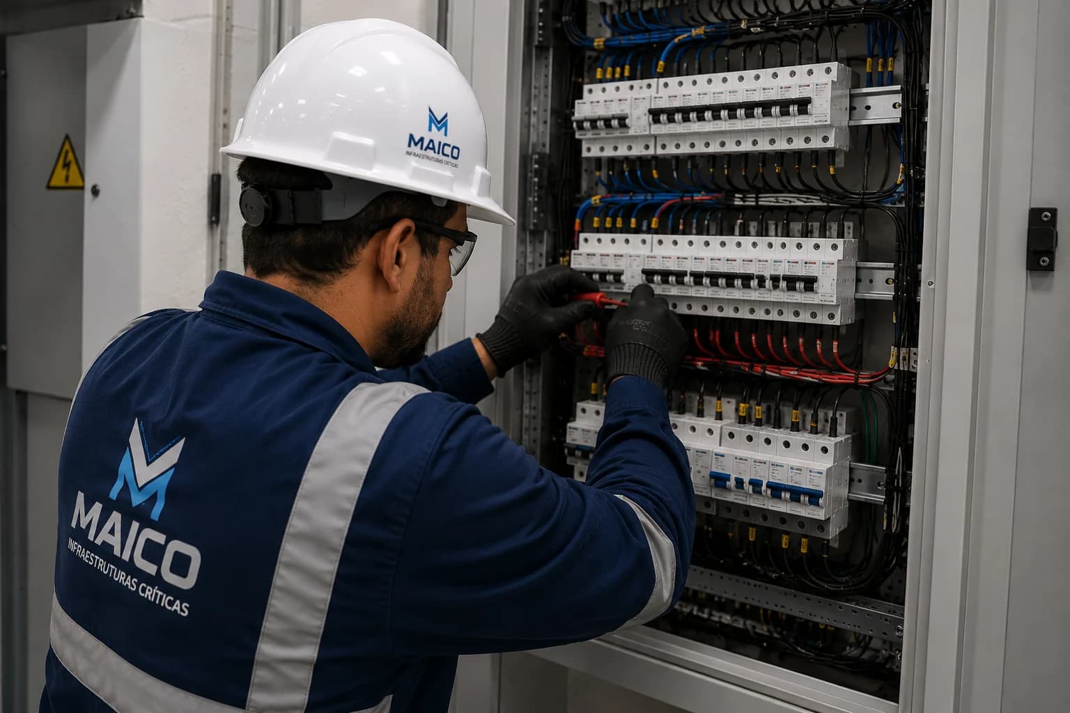 Profissional MAICO verificando painel de controle e distribuição