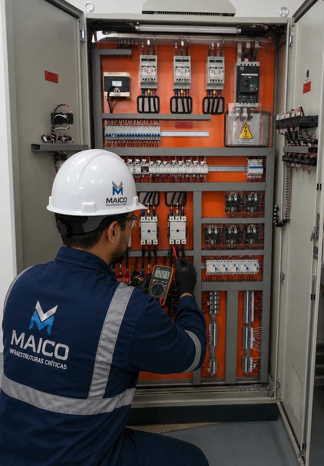 Profissional MAICO realizando medição em painel elétrico