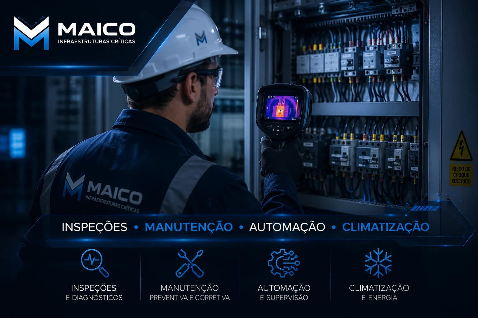 Profissional MAICO realizando inspeção termográfica em painel