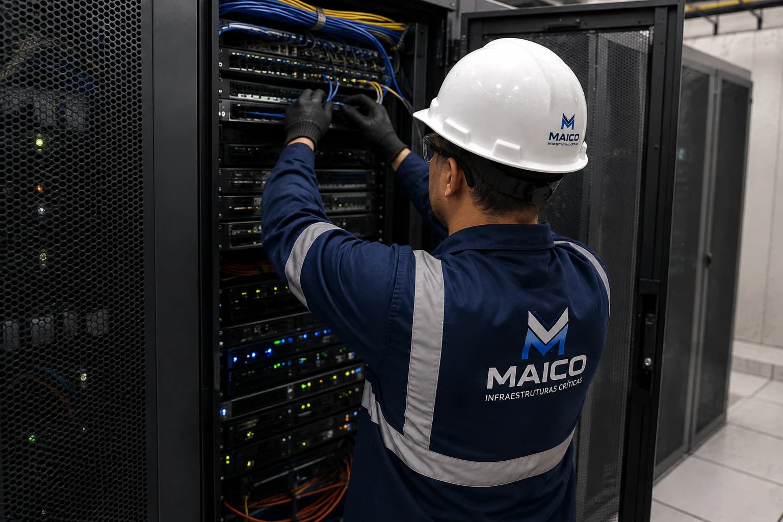 Profissional MAICO atuando em rack de telecom e dados